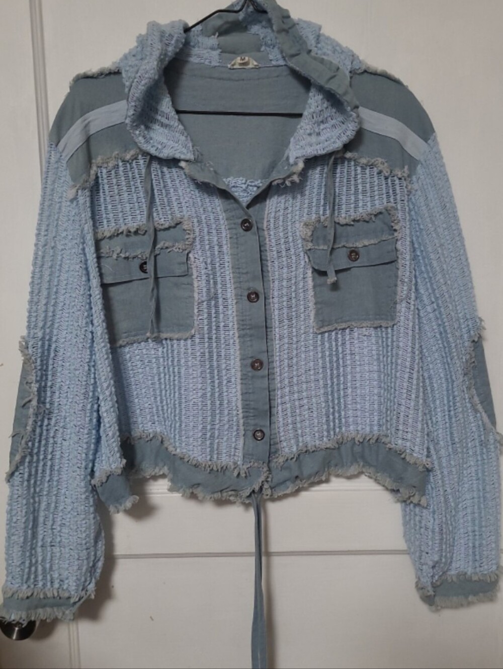 POL Blue Open Knit Distressed Hooded Jacket Top Medium - Picture 2 of 6
